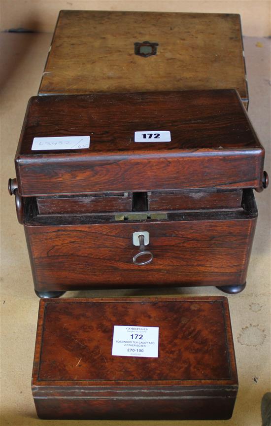 Rosewood tea caddy and 2 other boxes